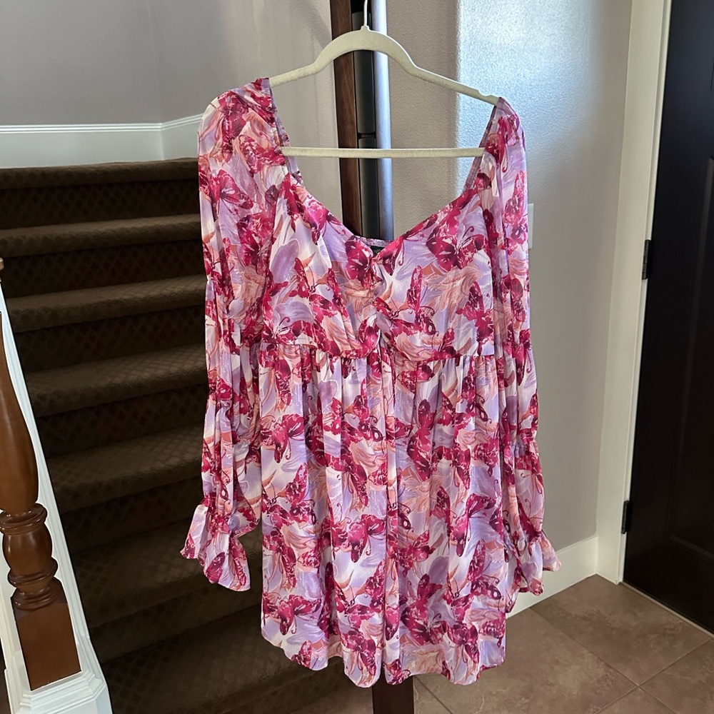 Wild Fable Whimsical Pink Sweetheart Neck Dress w Tiered Flowy Sleeves